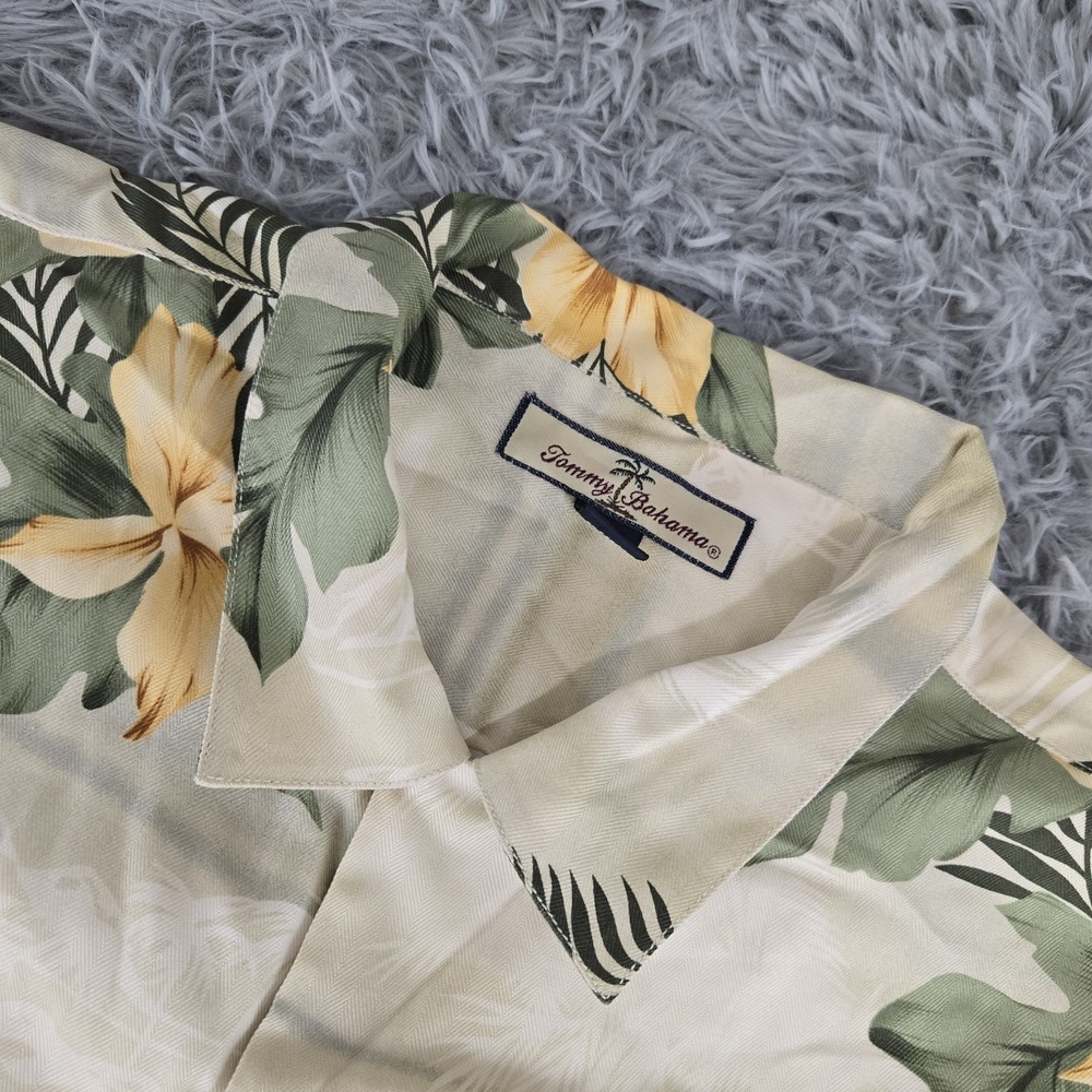 Tommy‎ Bahama Mens L Beige Floral Silk Herringbone Tropical Camp Shirt